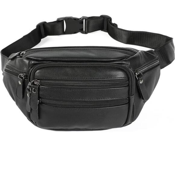 Black Leather Fanny Pack for Men & Women, Fashionable Multi-Pockets Waist Belt - Picture 8 of 14